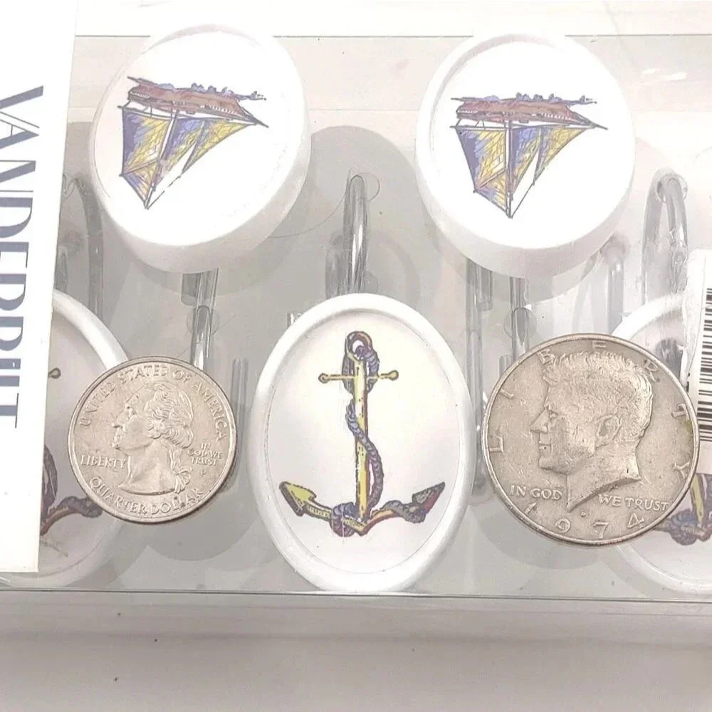 Vanderbilt Nautical Shower Hooks Set of 12 Anchors and Ships Oval Design NWT